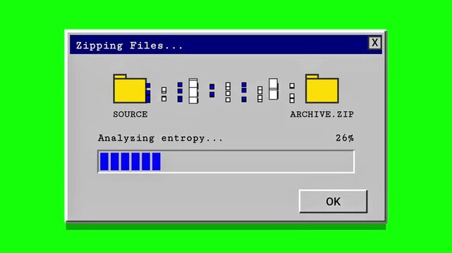 Computer screen showing file compression progress bar, data processing, digital interface, technology concept