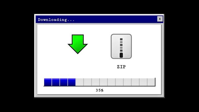 Computer screen shows zip file download progress bar filling up, digital data transfer concept