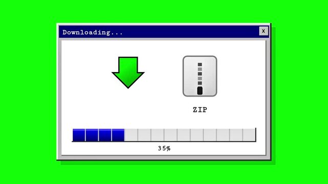 Computer screen showing zip file download progress bar completing on green screen background