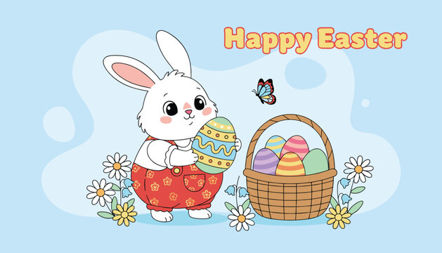 Cute easter bunny with basket full of colorful decorated eggs