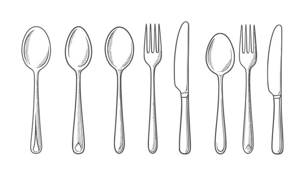 Hand drawn of assorted cutlery including spoons forks and knives knife silverware