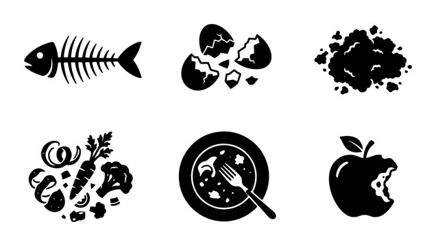 Food Waste Icons Set: Organic Debris, Leftovers, Apple Core, Fish Skeleton, Vegetable Scraps, Broken Eggshells, Vector Graphics for Recycling and Sustainability Concepts
