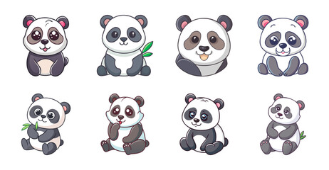 Naklejka premium Pandas in playful and cute cartoon style - Adorable cartoon panda illustrations showing playful and cute poses in a simple, flat design style perfect for fun and friendly projects.