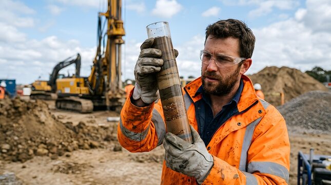 Male construction worker in orange high visibility workwear examining soil sample tube at excavation site with drilling rig representing geotechnical engineering ground investigation and site survey