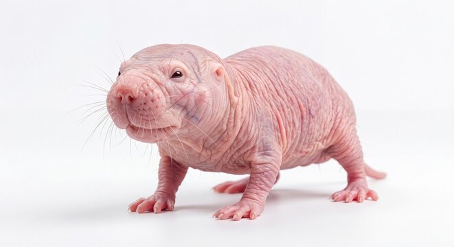 A close-up studio photograph of a young, hairless pink mole rat standing on a clean white surface.