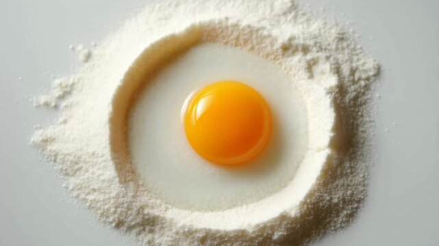 Fresh egg yolk surrounded by flour on a clean surface. Essential ingredients for baking and cooking, symbolizing culinary creativity