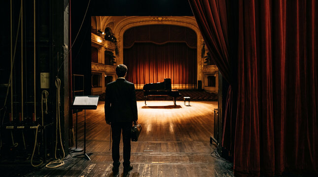 Backstage view of a classical musician holding a violin case, preparing to perform on an empty stage with a grand piano in a historic theater