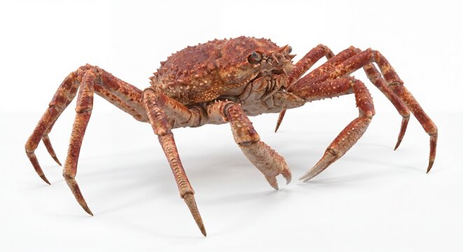 A detailed high resolution studio photograph of a large spiny spider crab on a plain white surface.