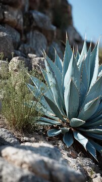 Close-up of a large agave plant growing among rocks in a natural outdoor environment.
