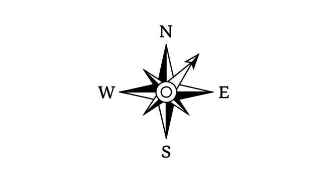 Black compass rose with cardinal directions N, S, E, W on a white background