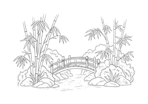 Japanese garden scene with arched bridge bamboo and rocks nature water