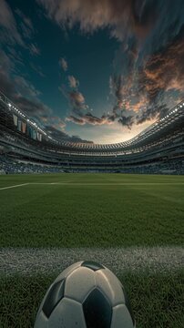 Soccer ball on green field with stadium and dramatic cloudy sky at dusk.