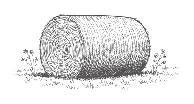 Of a round hay bale in a grassy field with small flowers monochrome black