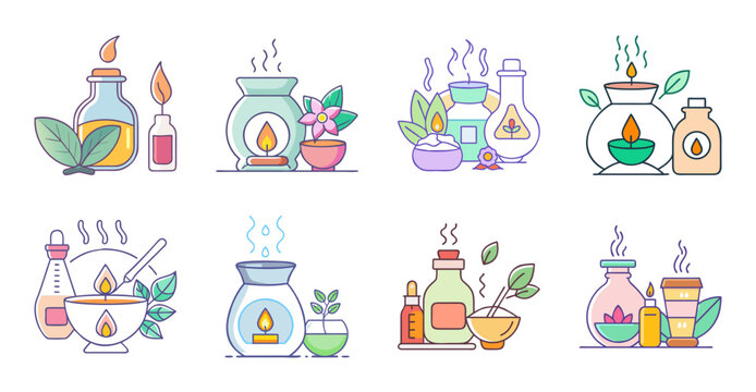 Flat illustration of people doing home office work and activities - Colorful vector icons showing remote workers, kids learning, and families enjoying home activities together.