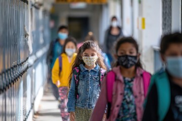 Obraz premium Candid moment of classroom reopening: kids in masks learning together under safety reminders