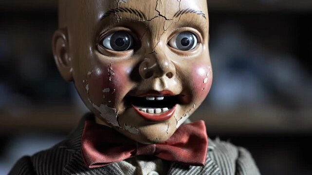Close-up of a creepy ventriloquist dummy whispering. Eerie doll with cracked face and moving mouth. Horror and suspense concept