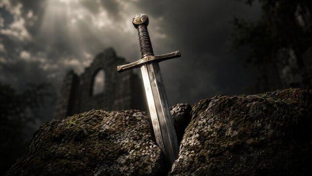 longsword. A medieval longsword thrust into a crack in mossy stone. event programs, museum guides, designed for cultural heritage projects and event programs, supports education.