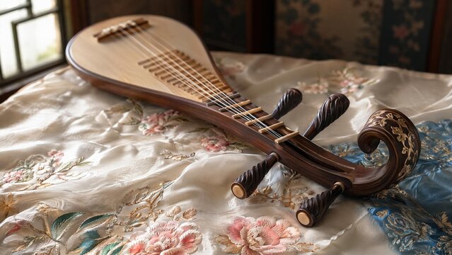 pipa. Exquisite pipa lute resting on embroidered silk fabric with curved headstock. event programs, museum guides, designed for cultural heritage projects and event programs, preserves heritage.