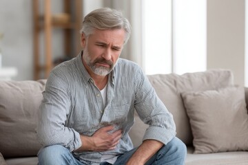 Fototapeta premium Casual scene of a man with stomach ache and stress in a quiet home environment
