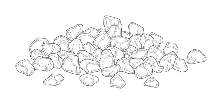Pile of irregular shaped pebbles drawn in black and white style stones rocks heap