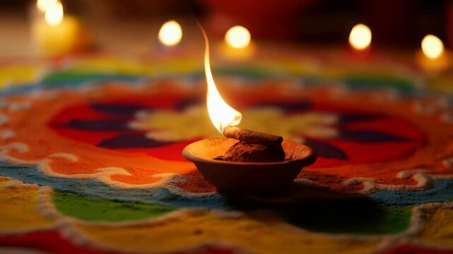 Traditional oil lamp illuminating colorful rangoli design during festive celebration. Symbolizes light, hope, and cultural heritage