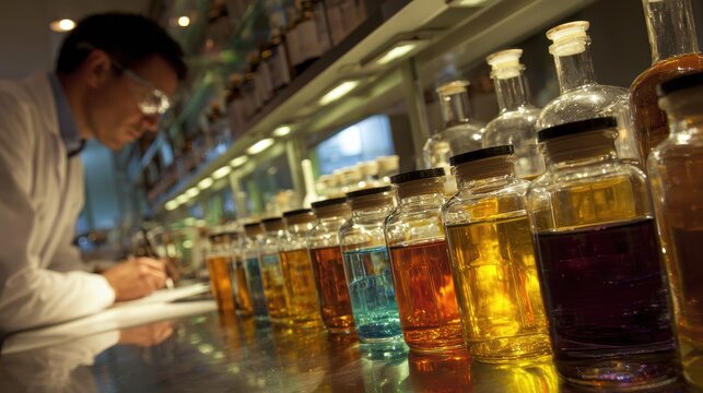 Chemist in a modern fragrance laboratory blending perfumes at a glassware-filled bench