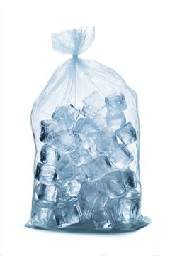 Clear plastic bag filled with ice cubes isolated on a white studio background