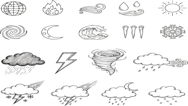 Collection of hand drawn weather icons isolated on white background. Useful for weather forecasts, graphic design or educational purposes..eps