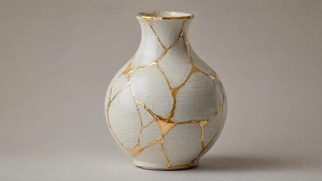 bennington. Shattered ceramic vase repaired with golden lacquer, kintsugi art on simple background. event programs, museum guides, designed for cultural heritage projects and event programs.