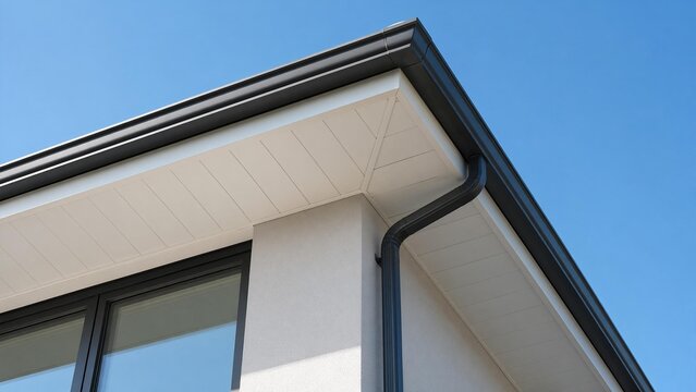 soffit. Clean white soffit board under eaves contrasting with dark rain gutter. real-estate listings, architecture portfolios, designed for real-estate listing and luxury residence showcases.