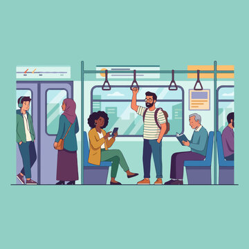 Diverse group of people commuting inside a modern city subway train