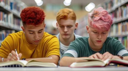 Fototapeta premium A group of diverse young students with vibrant uniquely styled hair are engrossed in study at a table in a university library surrounded by bookshelves