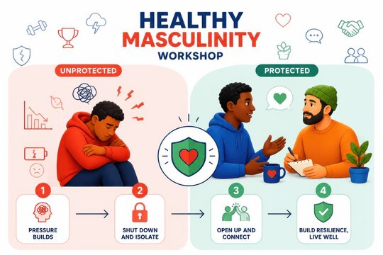 Healthy masculinity workshop infographic for men wellness and support
