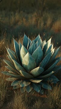 Close-up of a green agave plant growing in a natural dry grassland environment.
