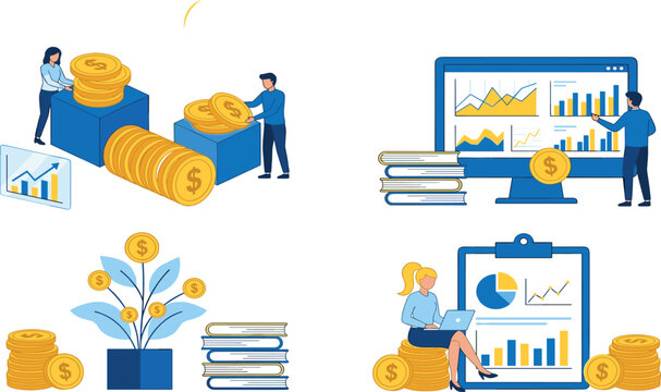 Financial growth vector concept set featuring money plant illustration coin stacks dashboard data analysis financial literacy books and clipboard report graphics (21 words)