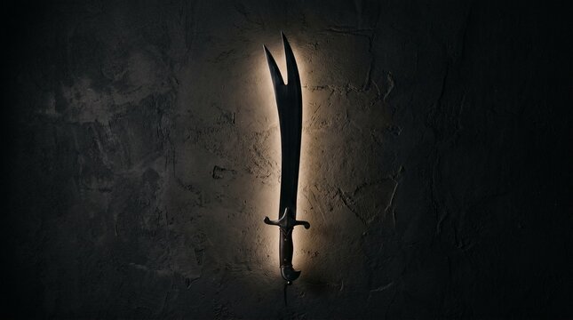 Cinematic close-up of the Zulfiqar sword, an ornate historical Islamic double-pointed blade