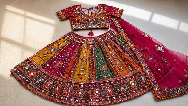 choli. A Gujarati ghagra choli dress with vibrant colors and intricate mirror work embroidery. event programs, museum guides, designed for cultural heritage projects and event programs.