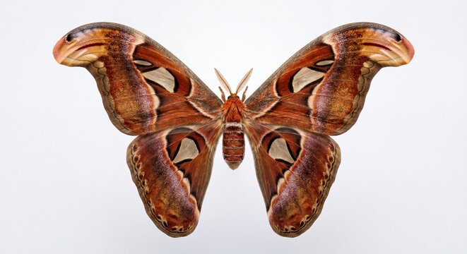 An atlas moth displays its large brown patterned wings against a clean and bright white background.