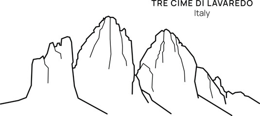 Tre Cime di Lavaredo mountain outline vector illustration. Dolomites line art. Minimalist line art illustration of Tre Cime di Lavaredo, one of the most iconic mountain formations in the Dolomites © DashaKurinna