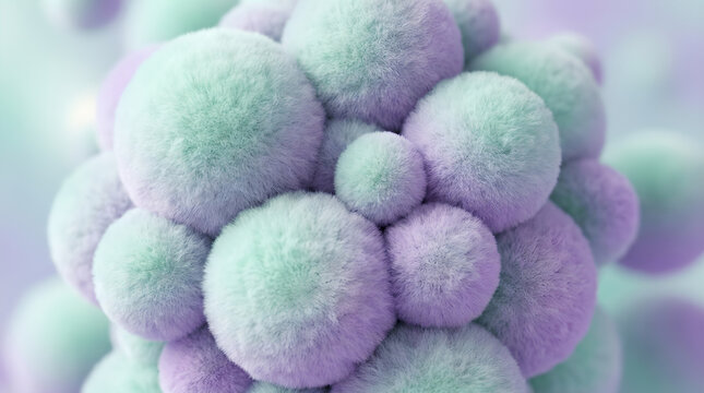 Microscopic view of abstract biological cells or virus particles in pastel colors.