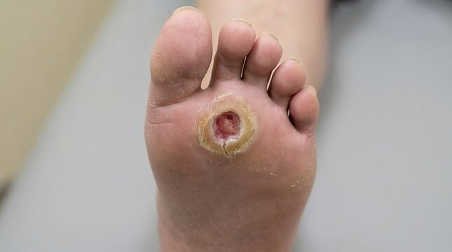 Close-up of diabetic foot ulcer on sole of patient's foot  