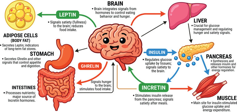 Metabolic hormone regulation pathway infographic, brain and organ communication, medical endocrine system illustration diagram
