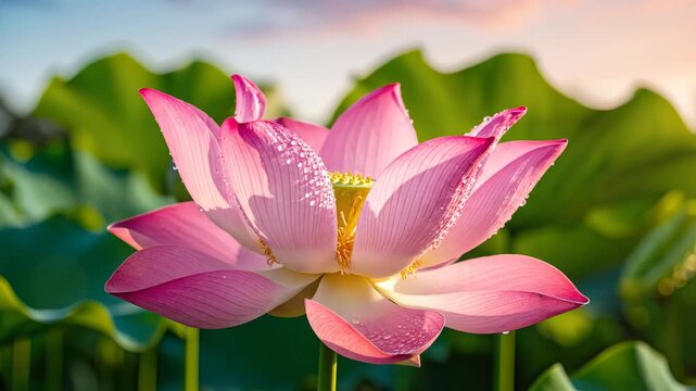 Pink lotus flower with dew drops