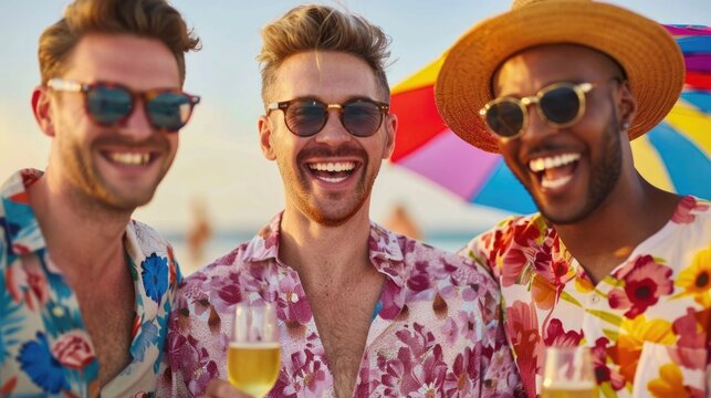 A group of smiling male friends in vibrant patterned shirts celebrating with drinks at a sunny beach embodying a joyful summer lifestyle