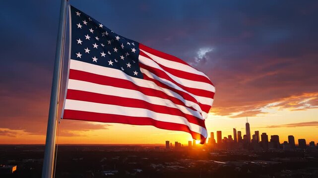 American flag waving at sunset with city skyline