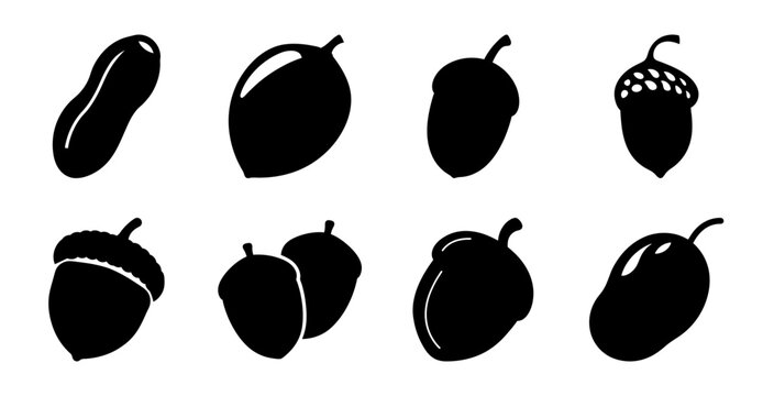 Black flat style fruit and nut icons set - Minimalist black silhouette icons of various fruits and nuts in a flat design style, perfect for web and print projects.