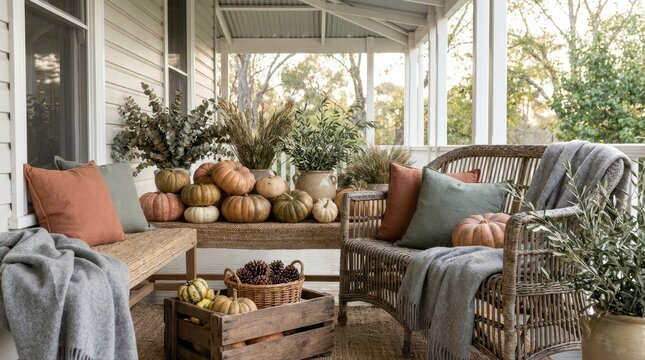 Cozy autumn porch decor with pumpkins, throws, and natural elements