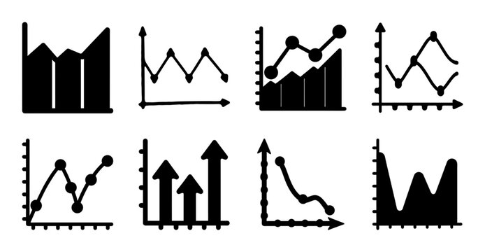Eight different trend and chart icons - Simple set of eight black and white vector icons showing various upward, downward, and stable trends for business or data charts.