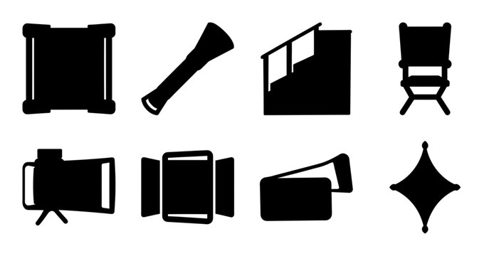 Flat camera and photography equipment icons set - Minimalist black icons of cameras, tripods, and film reels for creative projects or digital design.