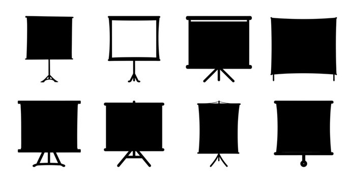 Eight different presentation screen setups - Black projector screens in various styles and mounting options for presentations and displays.